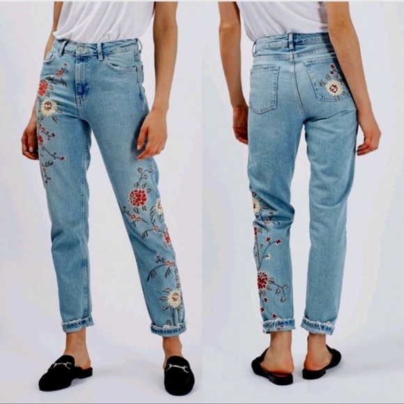Topshop Denim - TOPSHOP MOTO Mom Floral Embroidered Boho Jeans Size 25x32 Blue Cotton Denim